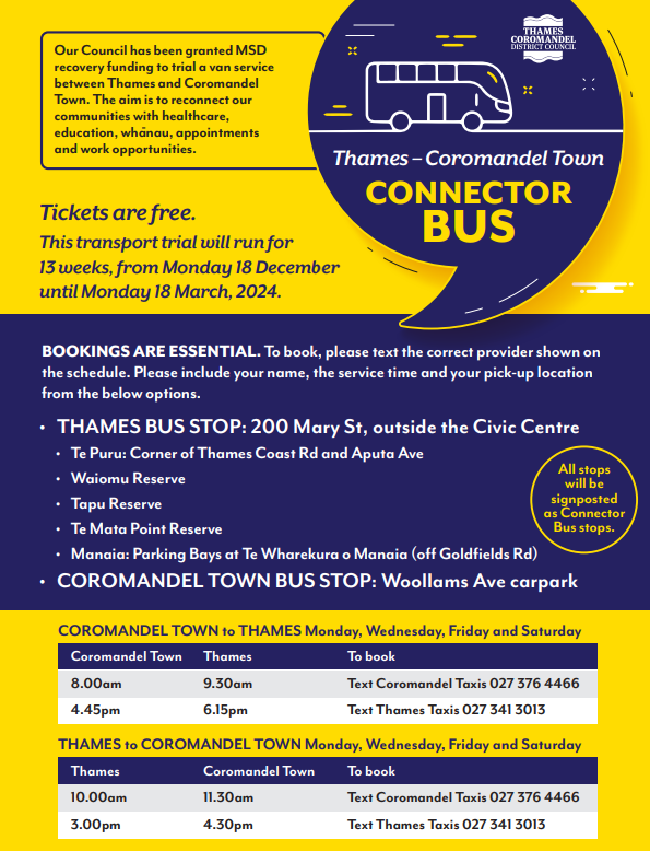 New stops added to Coromandel TownThames Connector bus trial TCDC